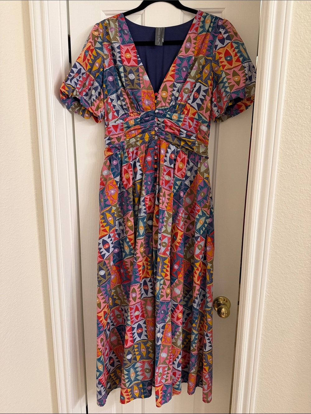 Anthropologie Multicolor Geometric Midi Dress in Navy, Pink & Orange